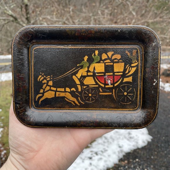 Vintage Hand Painted Toleware Rectangular Diminutive Tray Tip Snack Black Gold - Picture 8 of 16